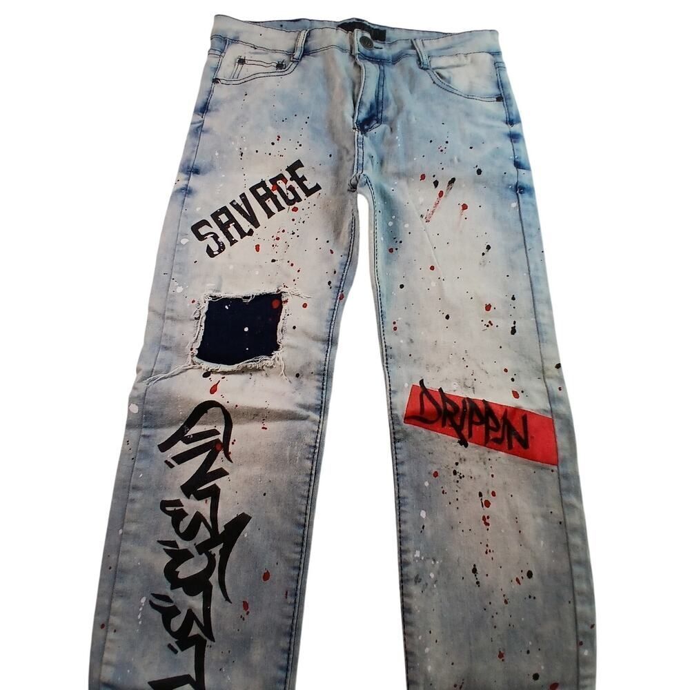 Encrypted Boys Blue Denim Graphic Rip Jeans - Size 18
